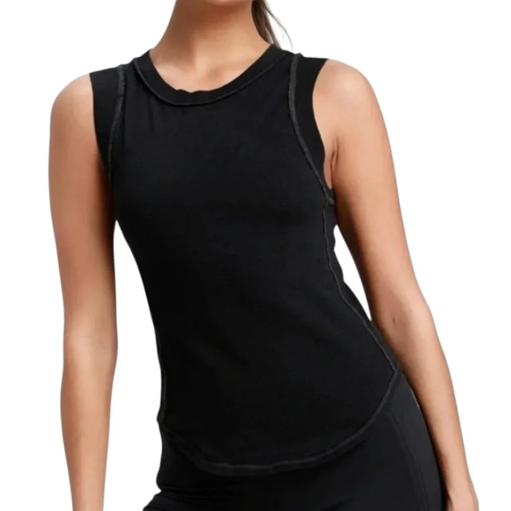 WE THE FREE PEOPLE Black Cotton Knit GO TO TANK TOP Contrast Stitching Slim M